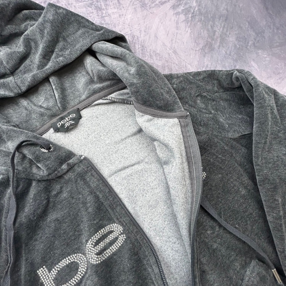 Bebe Vintage Y2K Velour Rhinestone Logo Zip Up Hoodie Charcoal Grey Small - Picture 4 of 6